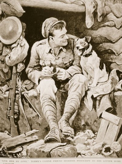 Geef haar mijn liefde, Tommys hondenvriend suggereert naschrift bij de brief naar huis, uit War Illustrated, ca. 1916 door Stanley L. Wood